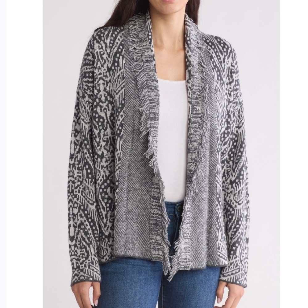 Lucky Brand Shawl Collar Open Front Jacquard Knit Cardigan